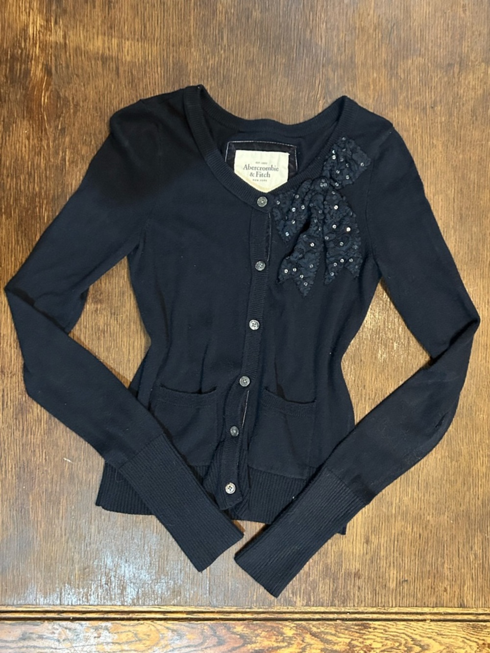 Abercrombie & Fitch Black Sequin Bow Button Cardigan